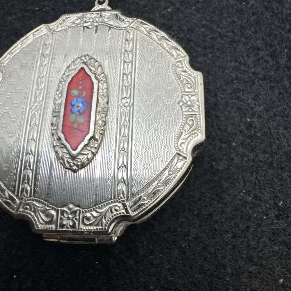 Antique Art Deco Silver Blue Guilloche Enamel Fob Chain Puff Dance Compact